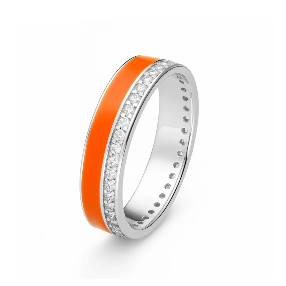 Obrączka srebrna pomarańczowa emalia cyrkonie