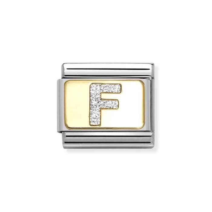 Element link do bransoletek Nomination Composable Stal + Złoto 18k litera F z brokatem