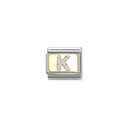 Element link do bransoletek Nomination Composable Stal + Złoto 18k litera K z brokatem