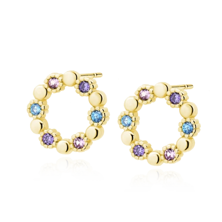 Srebrne pozłacane kolczyki kółka kolorowe cyrkonie