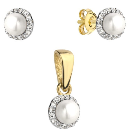Złoty komplet z perłą i cyrkoniami