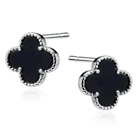 Kolczyki srebrne koniczynki z onyksem