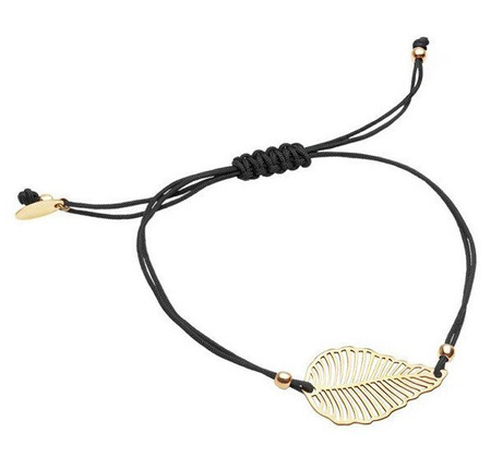 Bransoletka pozłacany liść czarny sznurek