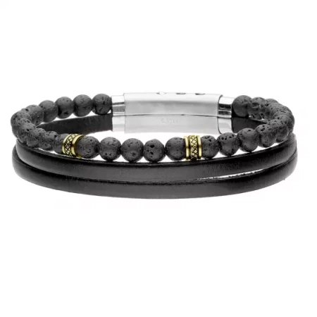 Bransoletka męska stal szlachetna lawa skóra