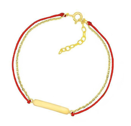 Bransoletka srebro pozłacane blaszka czerwony sznurek
