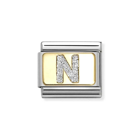 Element link do bransoletek Nomination Composable Stal + Złoto 18k litera N z brokatem