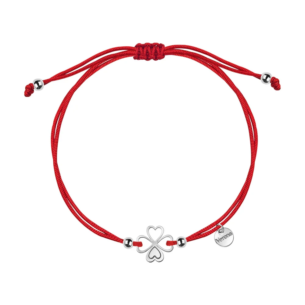 Bransoletka srebrna koniczyna na czerwonym sznurku