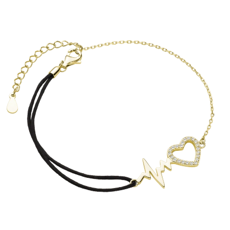 Bransoletka srebrna pozłacana serce linia życia czarny sznurek