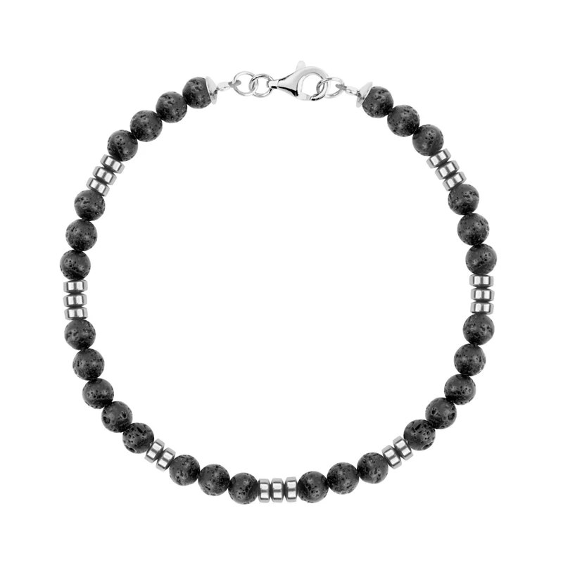 Bransoletka srebrna z lawą i hematytem