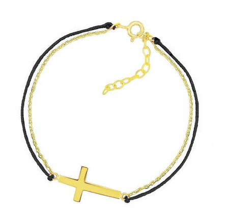 Bransoletka pozłacana krzyż z czarnym sznurkiem