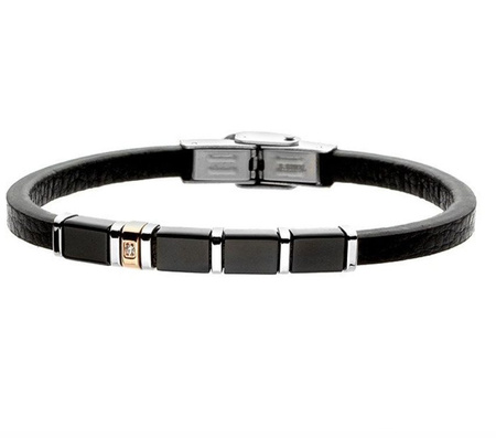 Bransoletka męska czarna skóra i stal szlachetna