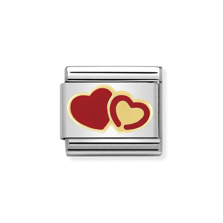 Element link do bransoletek Nomination Composable Stal + Złoto 18K dwa serca emaila czerwona