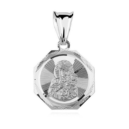 Srebrny, diamentowany medalik z Matką Boską Częstochowską