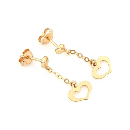 Kolczyki złote wiszące łańcuszki serca