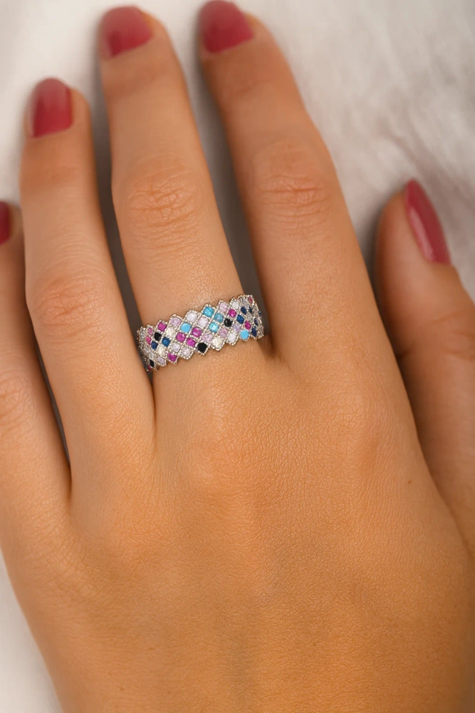 Obrączka srebrna z cyrkoniami multikolor