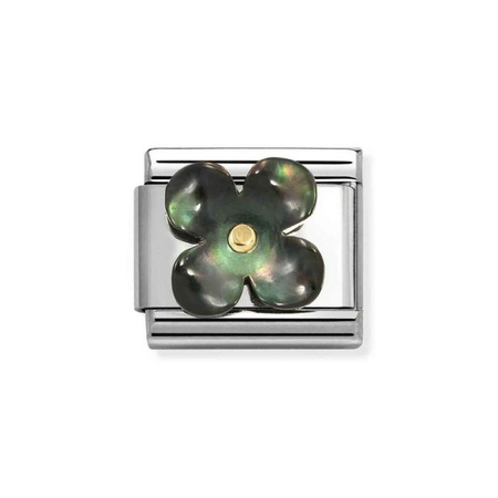 Element link do bransoletek Nomination Composable Stal + Złoto 18k Czarny kwiatek z masy perłowej