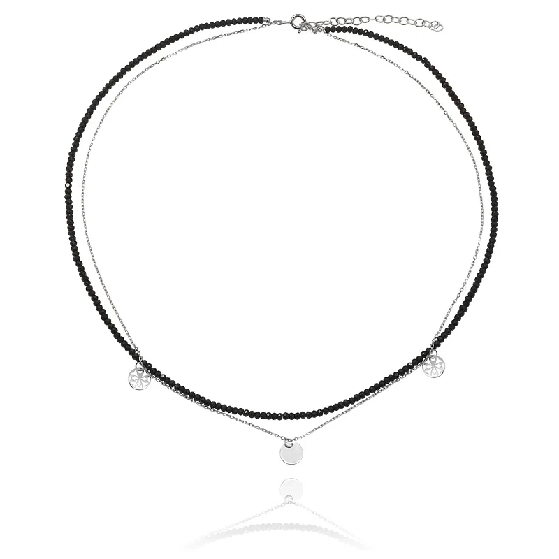 Naszyjnik srebrny spinel czarny blaszki kółka 