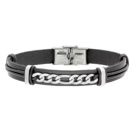 Bransoletka męska srebrny łańcuch figaro na czarnym skórzanym pasku