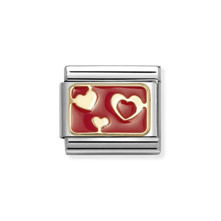Element link do bransoletek Nomination Composable Stal + złoto 18K serca na czerwonym tle