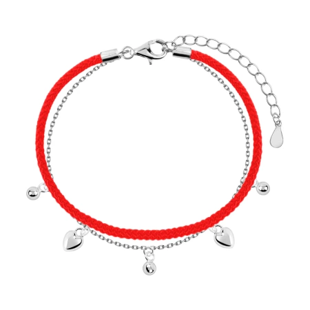 Bransoletka srebrna z serduszkami na czerwonym sznurku