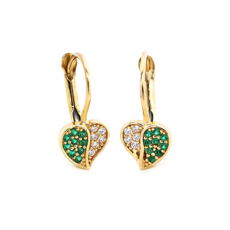 Złote kolczyki serca z zielonymi cyrkoniami bigiel