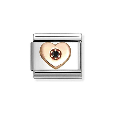 Element link do bransoletek Nomination Composable Stal + Różowe Złoto 9k serce czarna cyrkonia