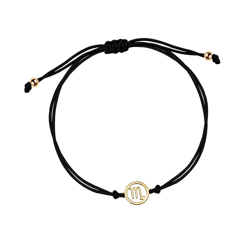 Bransoletka srebrna pozłacana czarny sznurek znak zodiaku skorpion