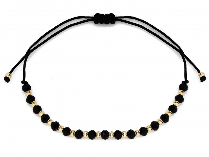 Złota bransoletka z Onyksami na czarnym sznurku