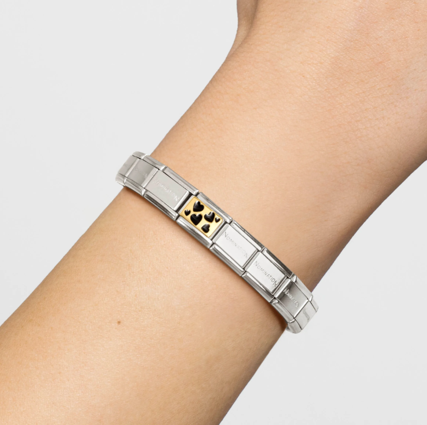 Element link do bransoletek Nomination Composable Stal + Złoto 18k Czarne serca