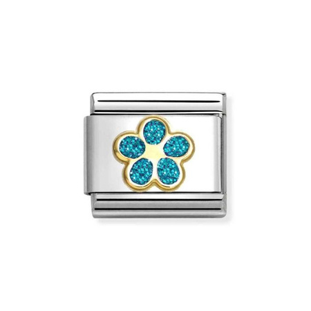 Element link do bransoletek Nomination Composable Stal + Złoto 18k turkusowy kwiat z brokatem