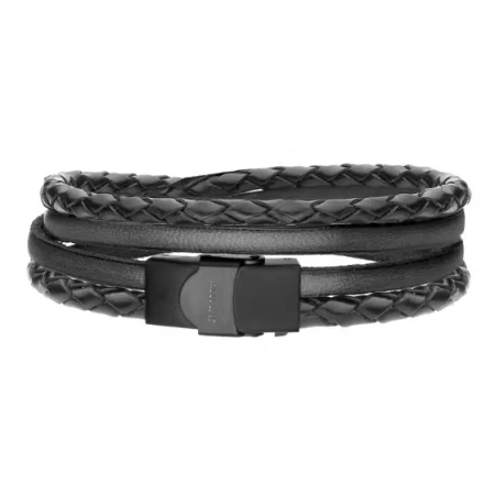 Bransoletka ze stali szlachetnej czarna na plecionej skórze