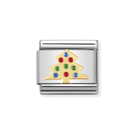 Element link do bransoletek Nomination Composable Stal + Złoto 18k choinka z kolorowymi bombkami