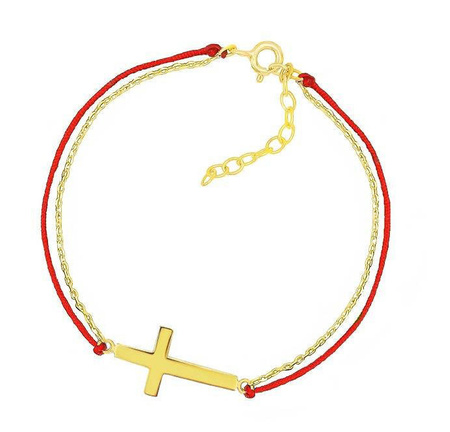 Bransoletka pozłacana krzyż czerwony sznurek z łańcuszkiem