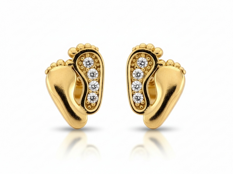 Złote kolczyki stópki dziecięce z cyrkoniami