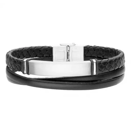 Bransoletka męska srebrna blacha na czarnej plecionej skórze pod grawer