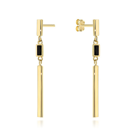 Kolczyki złote wiszące pałeczki z czarną cyrkonią