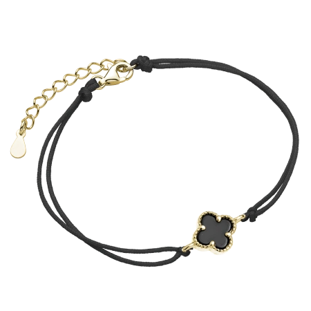 Bransoletka pozłacana na czarnym sznurku koniczynka z onyksem