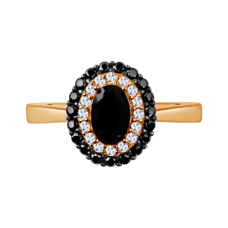 Pierścionek pozłacany z czarnymi i białymi cyrkoniami