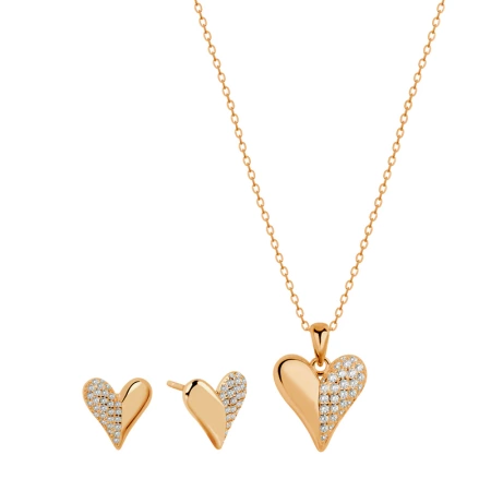 Komplet pozłacany kolczyki i naszyjnik serce z cyrkoniami