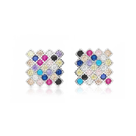 Kolczyki srebrne romby kwadraty cyrkoniami multikolor