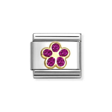 Element link do bransoletek Nomination Composable Stal + Złoto 18k różowy kwiat z brokatem