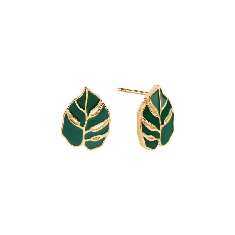 Kolczyki pozłacane monstera zielona emalia