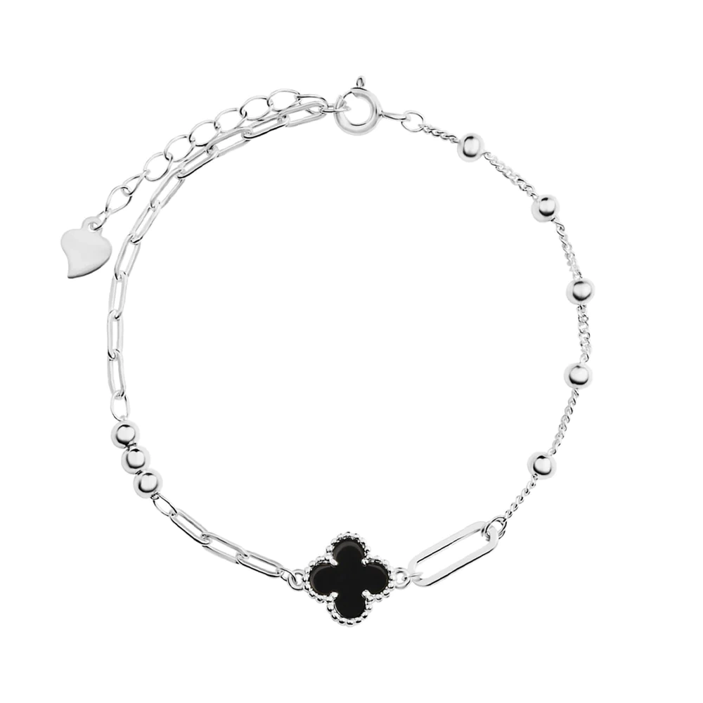 Bransoletka srebrna koniczyna z onyksem