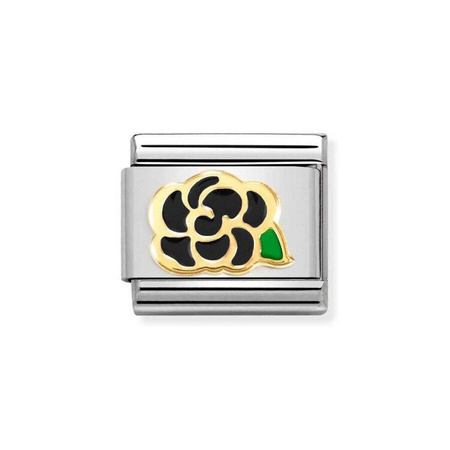 Element link do bransoletek Nomination Composable Stal + Złoto 18k czarny kwiatek Camelia