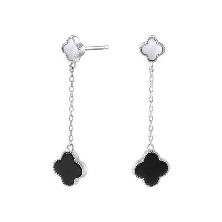 Kolczyki srebrne koniczynki z onyksem i masą perłową