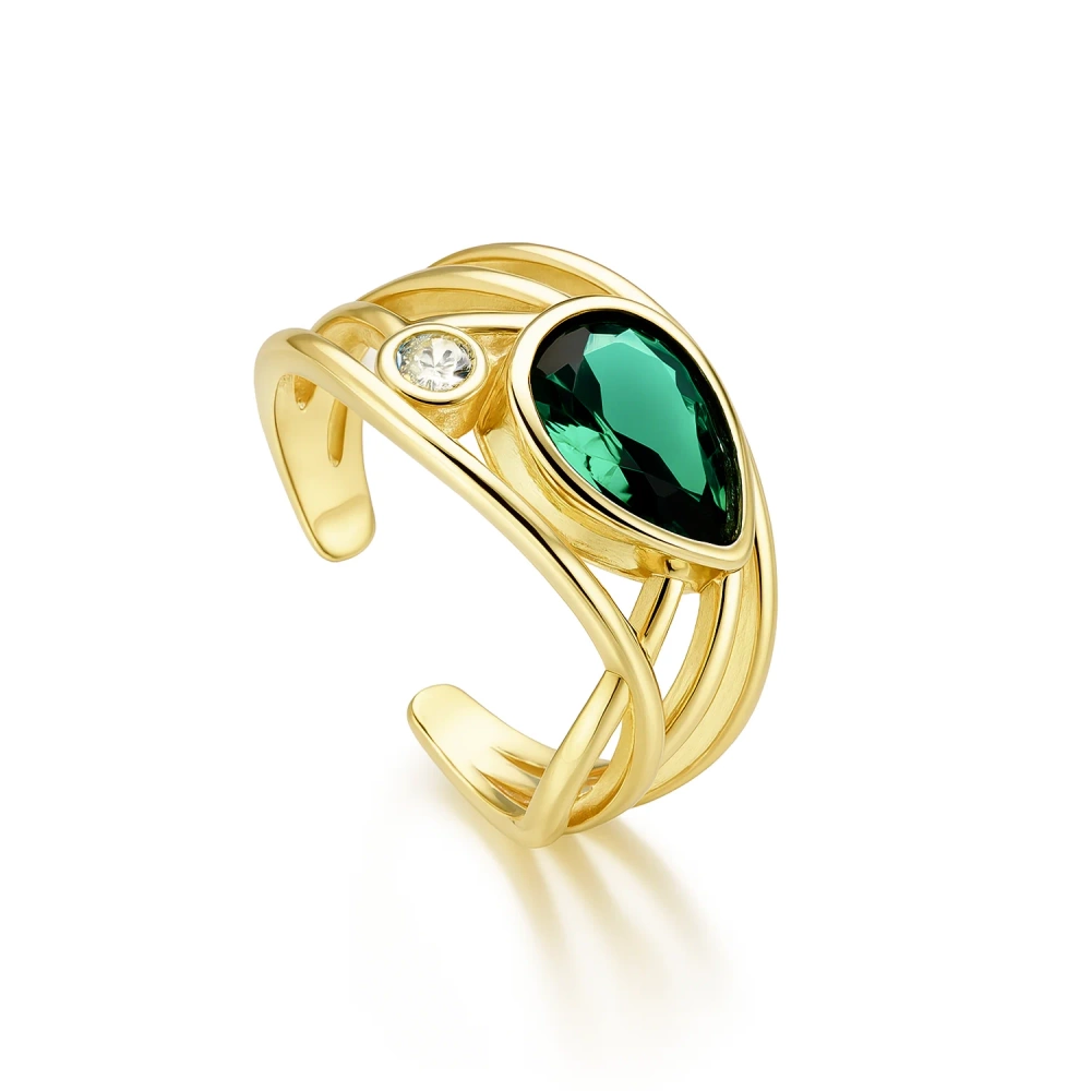 Pierścionek srebrny pozłacany z zieloną cyrkonią