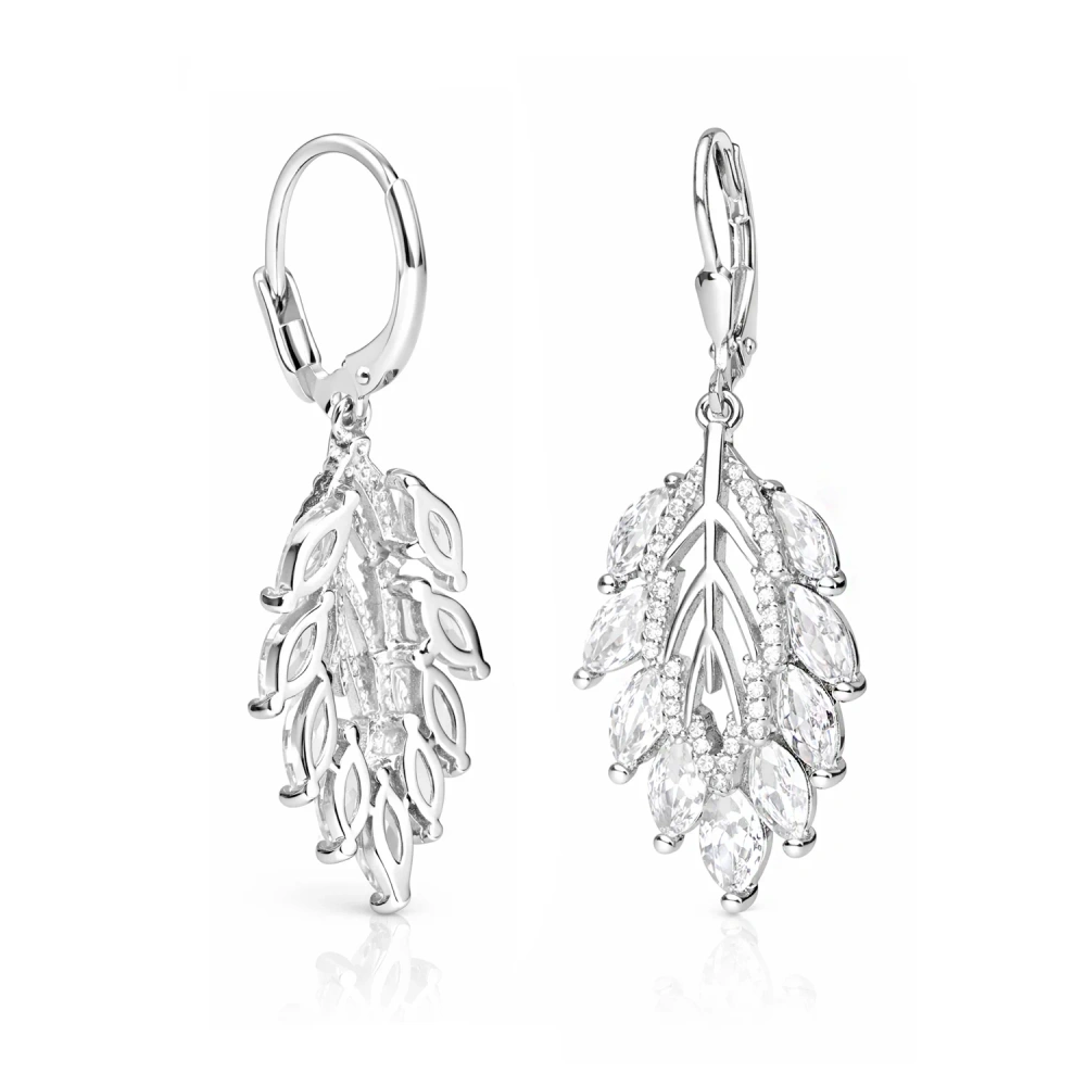 Srebrne kolczyki wieczorowe wiszące listki z cyrkoniami