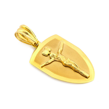 Złoty medalik tarcza z postacią Jezusa satynowany