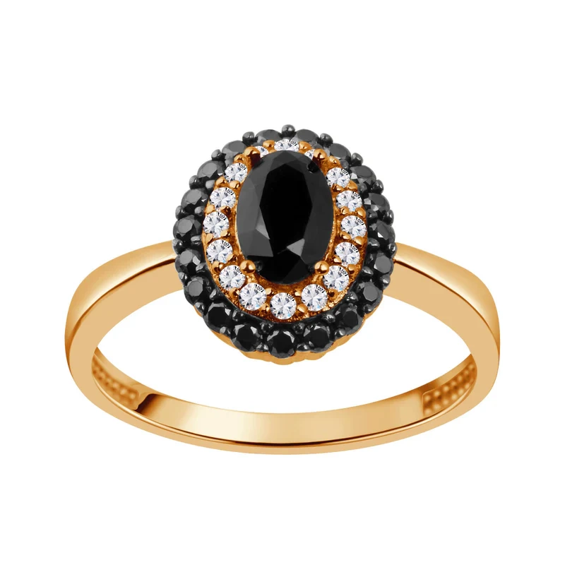 Pierścionek pozłacany z czarnymi i białymi cyrkoniami