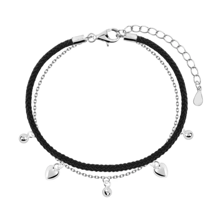 Bransoletka srebrna z serduszkami na czarnym sznurku